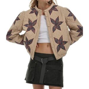 100% Cotton Quilted Beige Jacket M Appliqué Floral Elastic Hem Long Sleeves